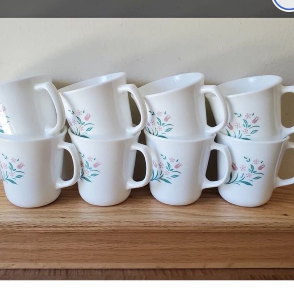 Vintage Corelle Corning Ware Rosemarie Coffee Cups Mugs Pink Tulip Set of 8 used